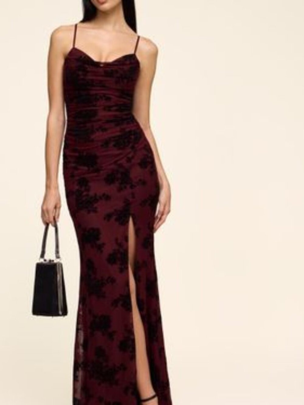 Mesh Gown With Velvet Florals - Merlot / Medium